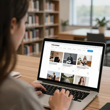 An over-the-shoulder shot of a designer browsing a high-quality portfolio website on a laptop in a bright, modern North American / US library.