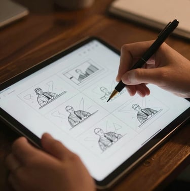 A close-up shot of hands using a professional tablet to sketch a storyboard, with sketches showing a sequence for a corporate presentation, lit with warm studio lighting.