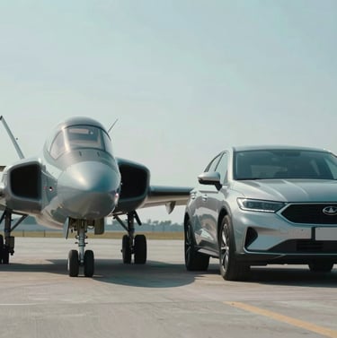 A low-angle shot of the aircraft and automobile side-by-side. Metallic surfaces reflecting #B2BEB5 light. Symmetrical and bold composition.