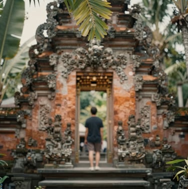 A dreamy, emotive photo of a Balinese temple gateway framed by tropical leaves. The shot is intimate and captures the feeling of a personal discovery, with soft light and warm, nostalgic coloring using the #8F6E5F palette.
