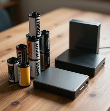 A stack of vintage film canisters and modern external hard drives on a wooden table, representing the blend of traditional storytelling and modern media. Soft, warm side-lighting.