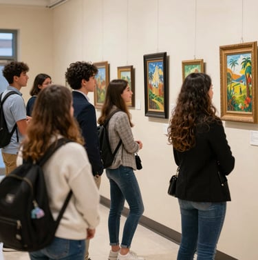 A joyful scene at a student art gallery opening in a North American / US school. Guests are admiring framed paintings on a soft cream wall. The atmosphere is warm and educational, with people dressed in professional yet creative attire. Captured in a candid, documentary photography style.
