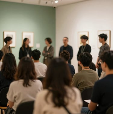 Candid shot of people in an intellectual setting, perhaps a book launch or exhibition, in a refined gallery with green and off-white accents. Soft, warm lighting, sophisticated mood.