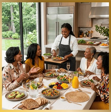A private chef serves healthy gourmet meals to happy women at a bright kitchen dining table.