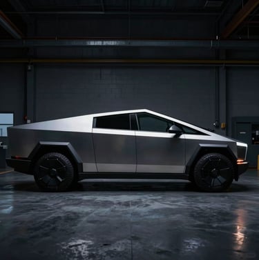A minimalist composition of a sleek futuristic vehicle silhouette parked in a North American / US industrial workshop. The lighting is moody, using deep midnight shadows and silver grey metallic highlights.