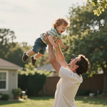 A cinematic candid moment of a father tossing his laughing toddler in the air in a lush North American / US backyard. Bright, warm sun lighting and soft off-white highlights.