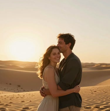 A beautiful cinematic portrait of a happy couple embracing under a warm golden sun. Natural poses, sand dunes in the background, warm sunset glow, Spain / Southern Europe.