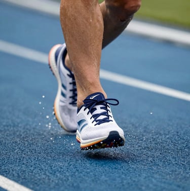 Extreme close-up of a runner's shoe hitting an athletic track at high speed. Water droplets frozen in the air, slate blue track surface, high contrast white lighting, crisp professional photography style, Western / International.