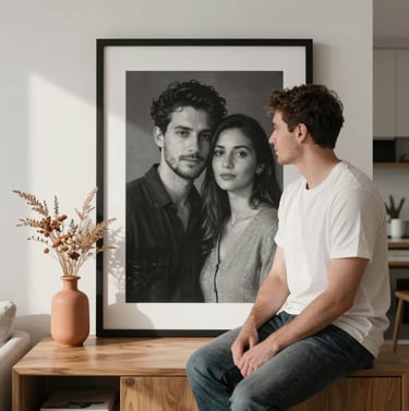 A lifestyle photograph of a framed black and white portrait of a couple, sitting on a wooden side table in a bright, modern North American apartment. A small vase with terracotta-colored dried flowers sits next to it, bathed in soft afternoon light.