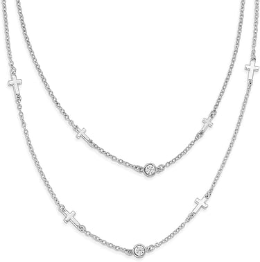 Cubic Zirconia CZ Cross Multi Strand 2 inch Chain Layered Necklace