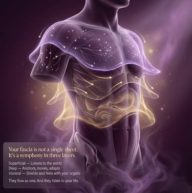 Anatomical illustration of fascia layers and muscle tissue during massage treatment