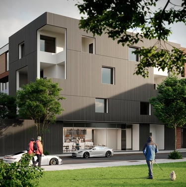 3D rendering of multi-story building with minimalist design, vertical lines, large windows, and ground-floor café.