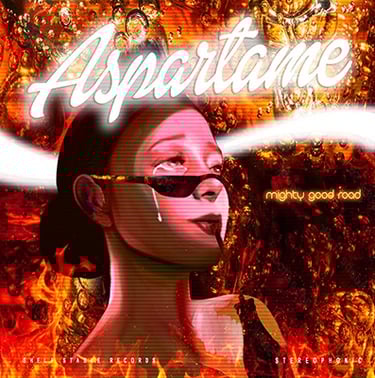 Aspartame single art by Mighty Good Road. A woman in sunglasses weeps while sipping a diet cola. 