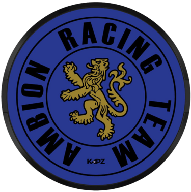 The logo for Ambion Racing Team. A gold lion on a blue background.
