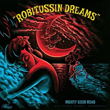 a woman in repose under a red crescent moon playing ukelele while a bottle of booze rows a boat