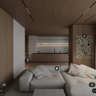 360 virtual tour of a modern interior rendering with dynamic features, by Visualise, 3D architectural rendering services.