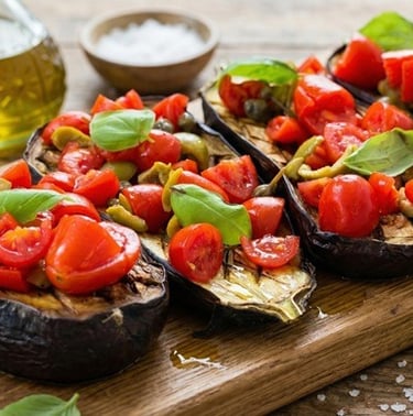 Eggplant bruschetta - Mediterranean bruschetta with tomatoes and olives