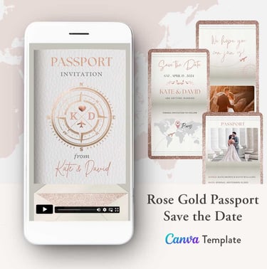 rose gold passport save the date invitation video template, digital rose gold save the date invite