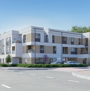 Exterior view of a contemporary residential building featuring large windows, clean lines, and modern architectural elements.