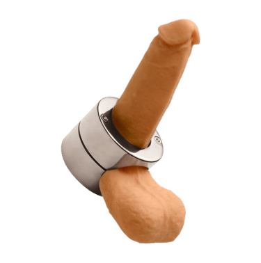 a fake penis and balls restrained in a metal ring system