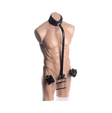 a cock pillary bondage device that conects neck wrists and has a clamp to squeeze balls