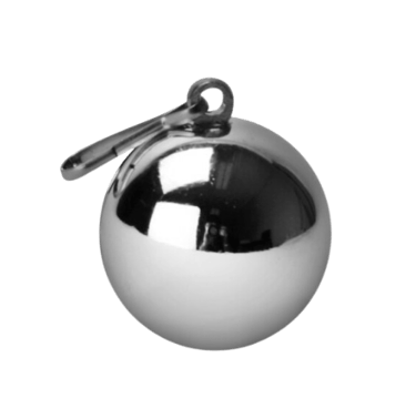 a shinny chrome ball with a clip on the top used as a weight in stretching balls fetish