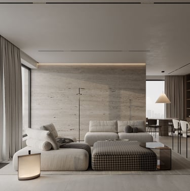 3D rendering of living room with modern furnishings, grid lighting, stone wall, beige accents, stylish and inviting.