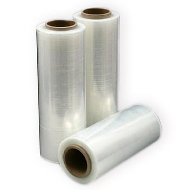 a roll film of stretch wrap on a white background