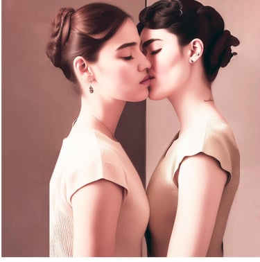 two women kissing in front of a mirror