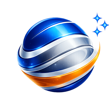 A vibrant 3D sphere logo, blue, white, and orange, with sparkling stars, against a sleek black background.