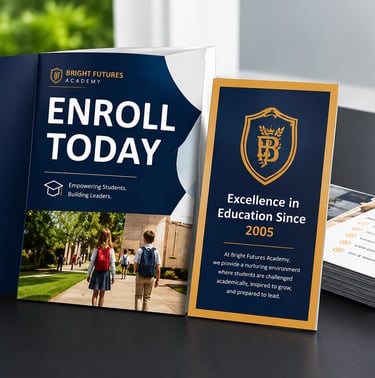 School printing materials including brochures, flyers, ID cards and banners