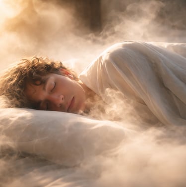 Person sleeping peacefully in warm glowing light surrounded by soft dreamlike mist, calm spiritual a