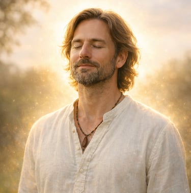 Person standing outdoors in soft sunlight with a gentle glowing aura, eyes closed, peaceful expressi