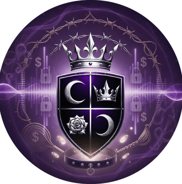 Vaeloria's crest of 2 moons, a crown and rose set in a shield with wings. a crown under barbed wire sit at the top