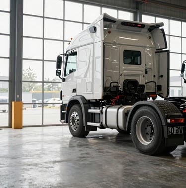 Wide showroom floor viewed from left side, a heavy-duty semi-truck tractor unit parked at right frame, daylight flooding through large industrial windows, concrete floor, scale evident, no people, clean studio-level lighting