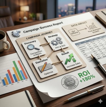 Digital marketing campaign success report showing strategy, PPC SEO, and ROI growth charts on a desk.