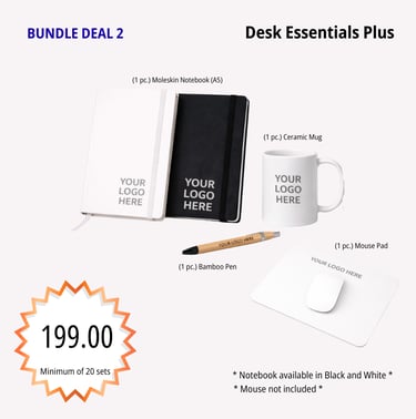 Desk Essential Plus bundle featuring notebook, bamboo pen, mug, and mouse pad personalized for corpo