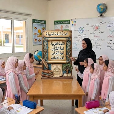 مجسم فلين تعليمي فاخر يعرض أهمية اللغة العربية في بيئة مدرسية