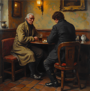 Two men, one elderly and one younger, sit at a cozy wooden table in a dimly lit, old-world pub, enjoying drinks and