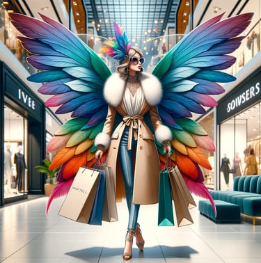 waman with shopping with wings as fairy