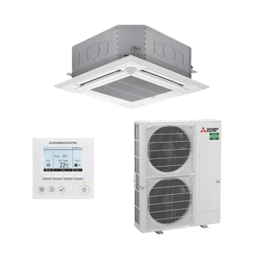 Mitsubishi Electric ceiling cassette air conditioner unit with outdoor condenser and digital controller.