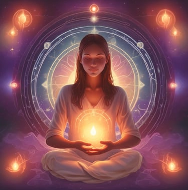 A person with long hair is sitting with their eyes closed and a gentle smile, wearing a light-colored shirt. Their hands are clasped together, resting on their chest, giving a serene and peaceful appearance. In the background, there is a soft-focus lamp, adding to the cozy atmosphere.