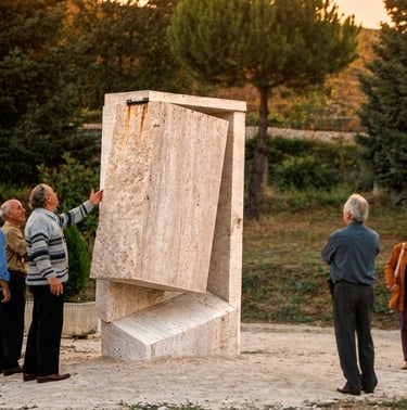 A group of people admiring a large modern stone sculpture in an outdoor park setting.