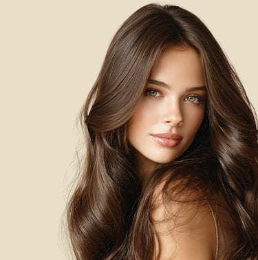Cabello chocolate profundo con brillo satinado, tendencia otoño 2025.