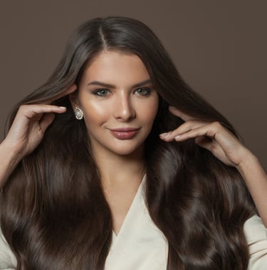 Cabello chocolate profundo con brillo satinado, tendencia otoño 2025.