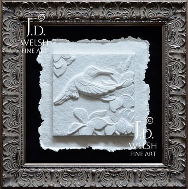 Amid the Plumeria - Hummingbird and Flowers Relief Sculpture - Cast Cotton - Jeremiah D Welsh