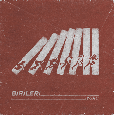 Birileri grubunun 2020 tarihli 'Yürü' teklisi için kırmızı tonlarda, koşan figürlerin yer aldığı alb