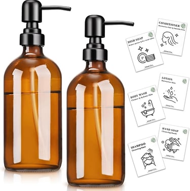 a pair of soap bottles with labels on them