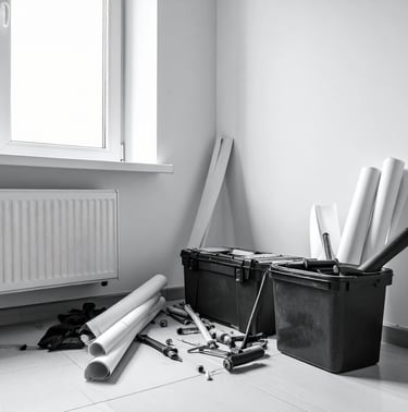 a room with a lot of tools on the floor