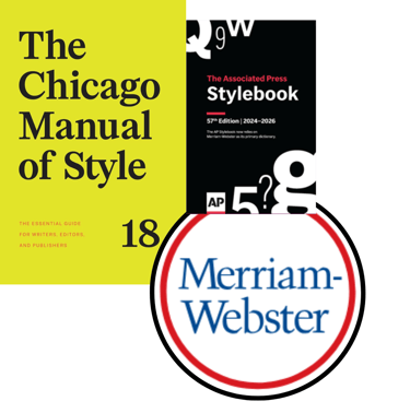 Book covers for the Chicago Manual of Style and the AP Stylebook and the logo for Merriam-Webster
